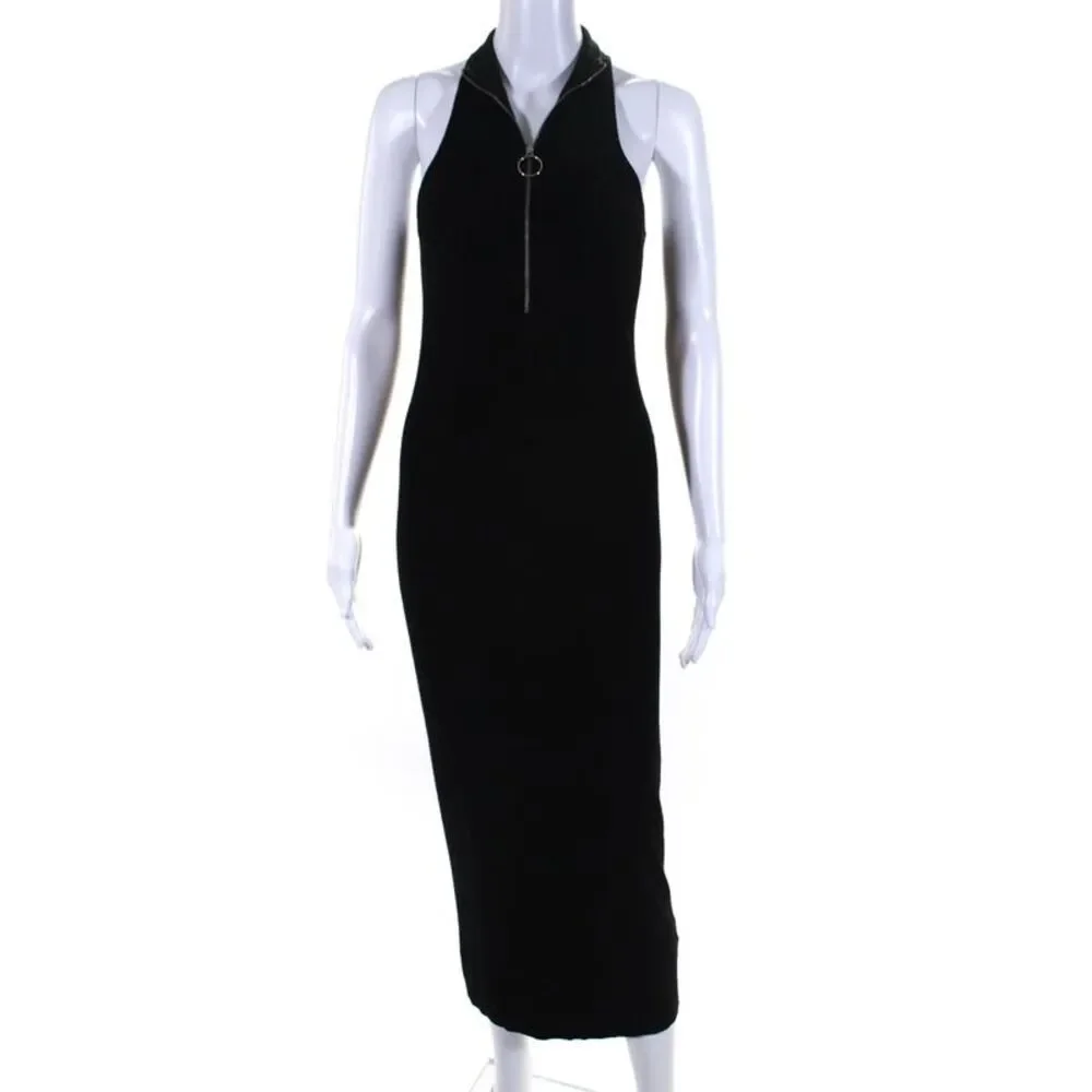A.L.C. Womens Ribbed Sleeveless Half Zipper Sweater Dress Black Size Medium